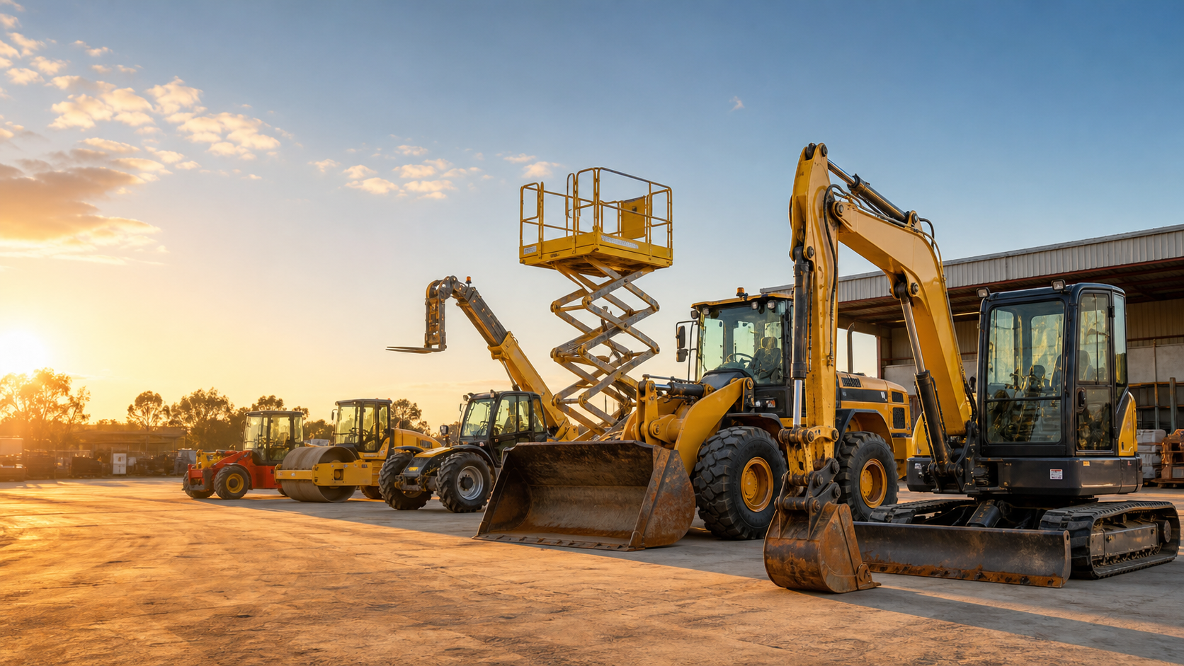 Construction equipment fleet in a yard